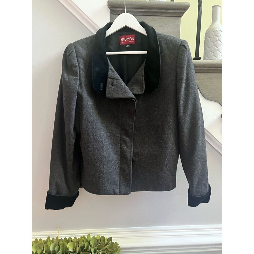 Vintage Sasson Gray Wool & Black Velvet Blazer Jacket sz 10 EUC